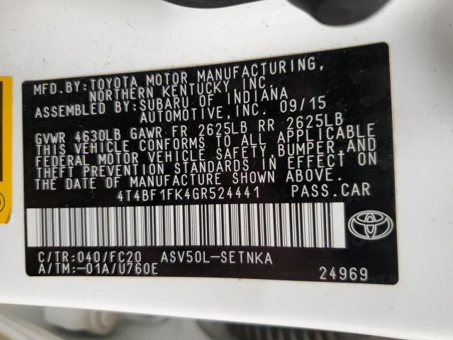 4T4BF1FK4GR524441 - 2016 TOYOTA CAMRY LE 白色 照片 12