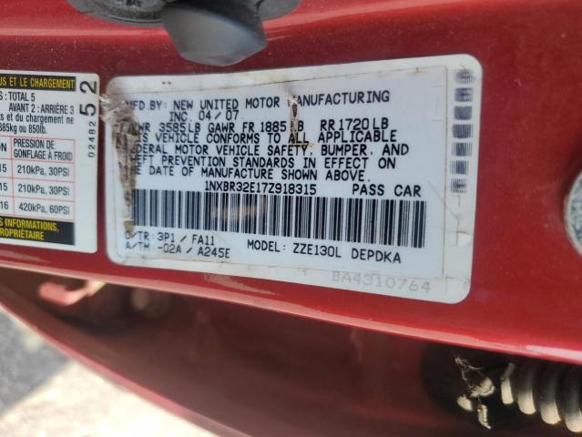 1NXBR32E17Z918315 - 2007 TOYOTA COROLLA CE მუქწითელი ფოტო 12