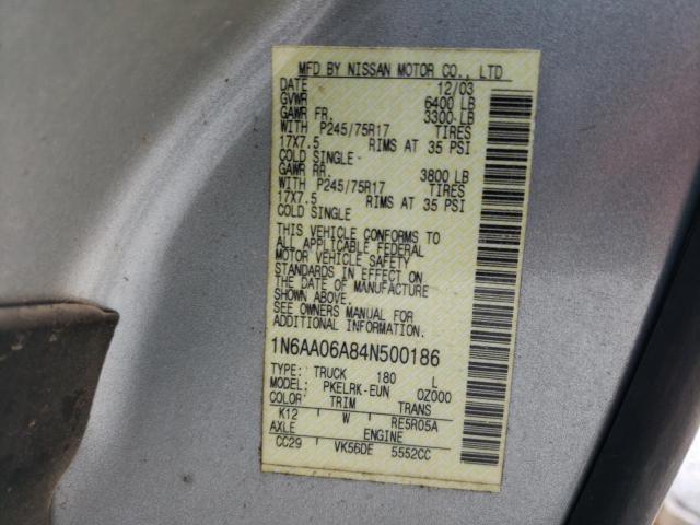 1N6AA06A84N500186 - 2004 NISSAN TITAN XE SILVER photo 12