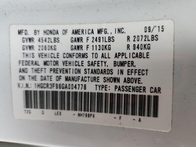 1HGCR3F96GA004778 - 2016 HONDA ACCORD TOURING WHITE photo 12