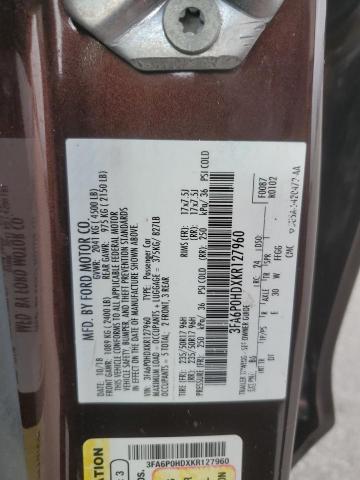 3FA6P0HDXKR127960 - 2019 FORD FUSION SE BURGUNDY photo 12