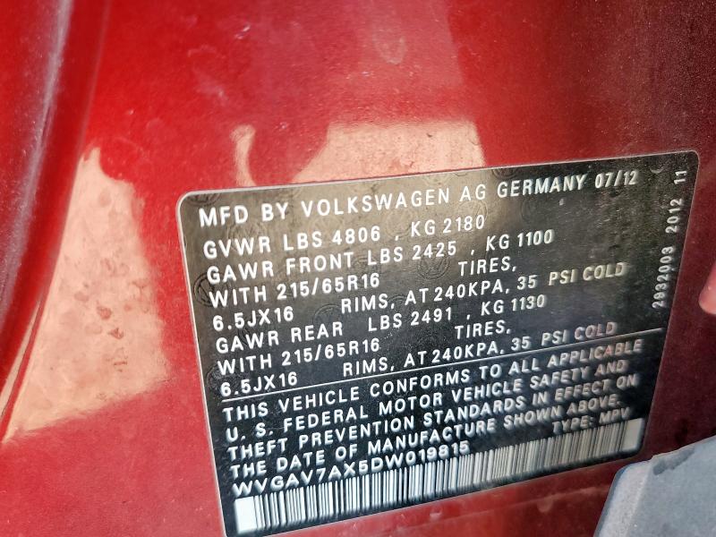 WVGAV7AX5DW019815 - 2013 VOLKSWAGEN TIGUAN S RED photo 14