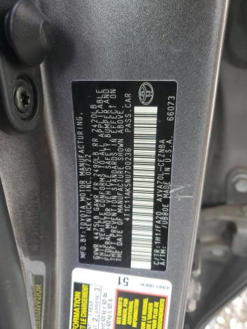 4T1C11AK5NU700236 - 2022 TOYOTA CAMRY LE ნაცრისფერი ფოტო 12