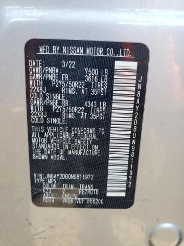 JN8AY2DB0N9811972 - 2022 NISSAN ARMADA PLATINUM ვერცხლისფერი ფოტო 13