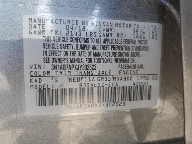 3N1AB7APXJY302523 - 2018 NISSAN SENTRA S 灰色 照片 12