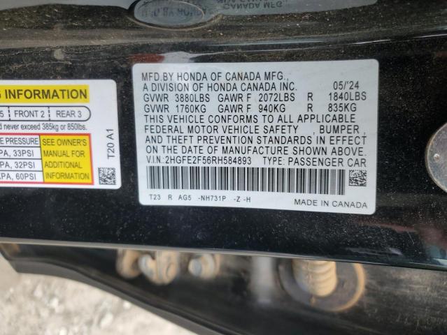 2HGFE2F56RH584893 - 2024 HONDA CIVIC SPORT შავი ფოტო 12