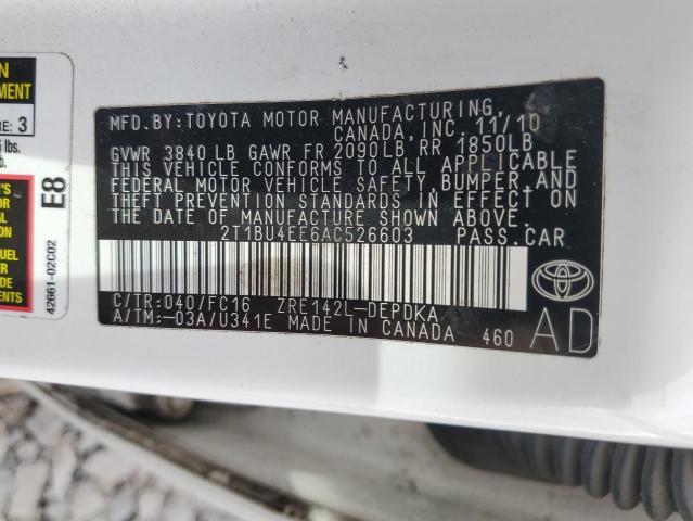2T1BU4EE6AC526603 - 2010 TOYOTA COROLLA BASE WHITE photo 12