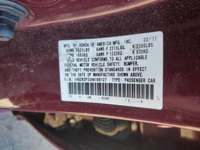 1HGCR2F50HA189127 - 2017 HOND ACCORD SPORT მუქწითელი ფოტო 12