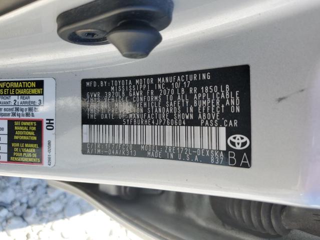 5YFBURHE4JP760604 - 2018 TOYOTA COROLLA L 银色 照片 12