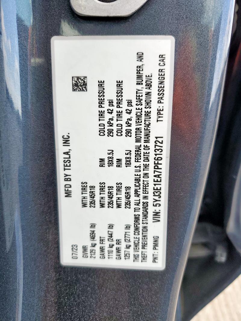 5YJ3E1EA7PF613721 - 2023 TESLA MODEL 3 CHARCOAL photo 12