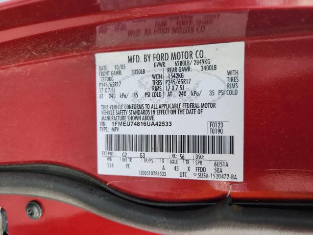 1FMEU74816UA42533 - 2006 FORD EXPLORER EDDIE BAUER Կարմիր լուսանկար 13