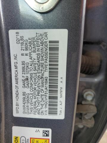 1HGCV1F51JA116943 - 2018 HONDA ACCORD EXL GRAY photo 12