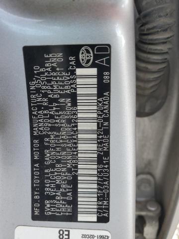2T1BU4EEXAC412636 - 2010 TOYOTA COROLLA BASE SILVER photo 12