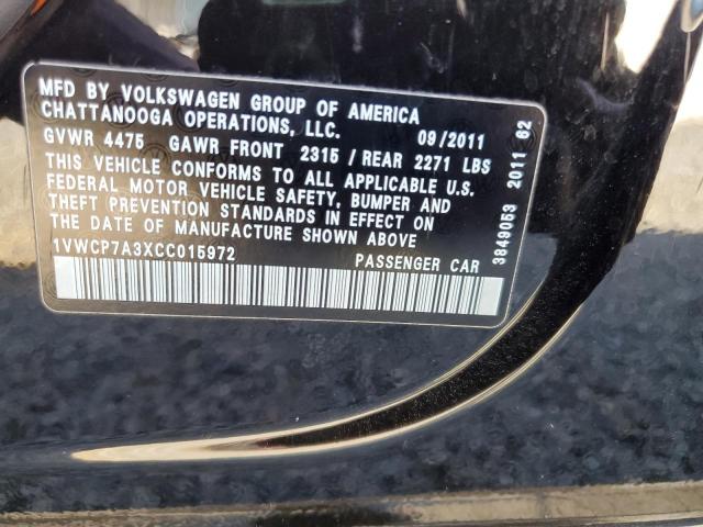 1VWCP7A3XCC015972 - 2012 VOLKSWAGEN PASSAT SEL შავი ფოტო 12