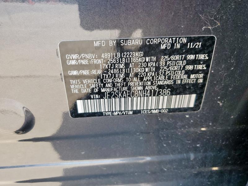 JF2SKAEC8NH417386 - 2022 SUBARU FORESTER PREMIUM GRAY photo 14