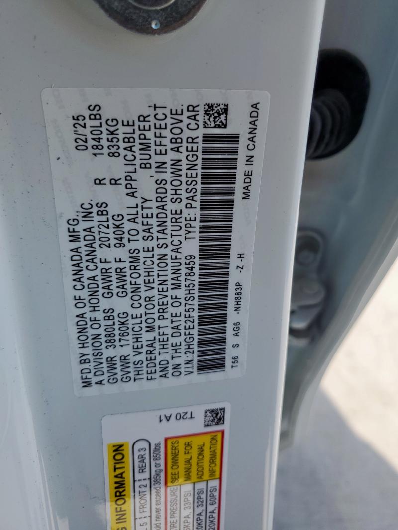 2HGFE2F57SH578459 - 2025 HONDA CIVIC SPORT თეთრი ფოტო 12