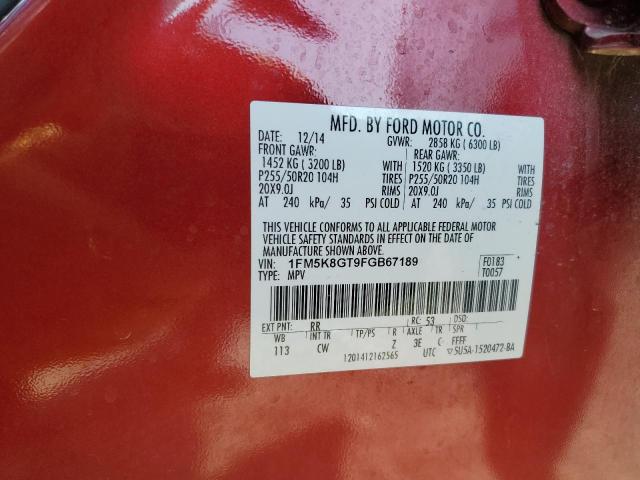 1FM5K8GT9FGB67189 - 2015 FORD EXPLORER SPORT RED photo 13
