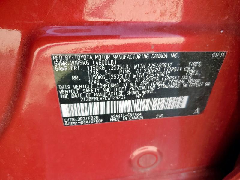 2T3BFREV7EW139724 - 2014 TOYOTA RAV4 LE RED photo 12