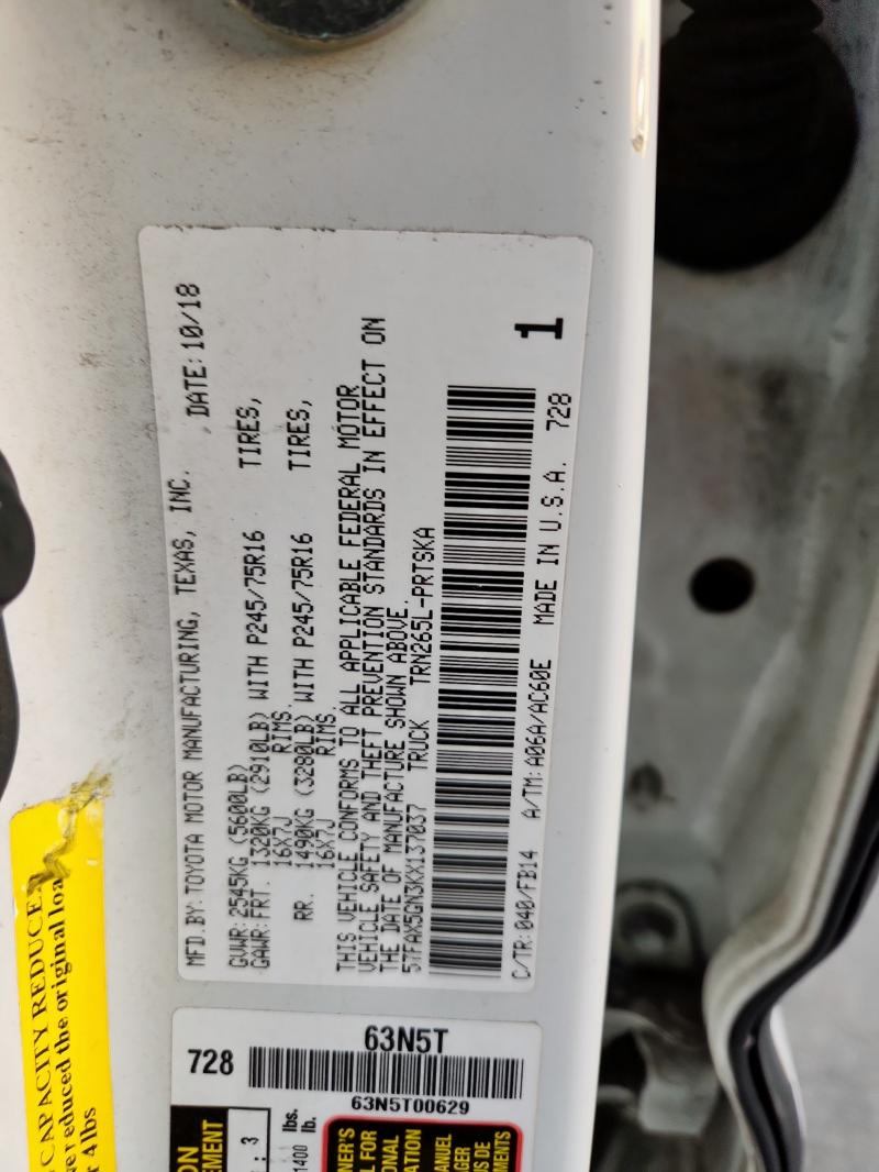 5TFAX5GN3KX137037 - 2019 TOYOTA TACOMA DOUBLE CAB WHITE photo 12