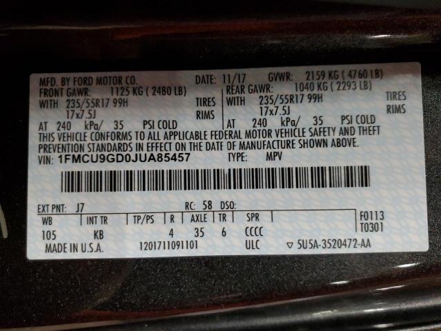 1FMCU9GD0JUA85457 - 2018 FORD ESCAPE SE Gris photo 13