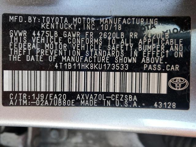 4T1B11HK8KU173533 - 2019 TOYOTA CAMRY L SILVER photo 12