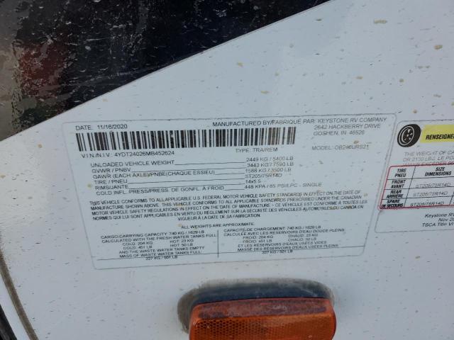 4YDT24026MB452624 - 2021 OUTB TRAVEL TRL WHITE photo 10