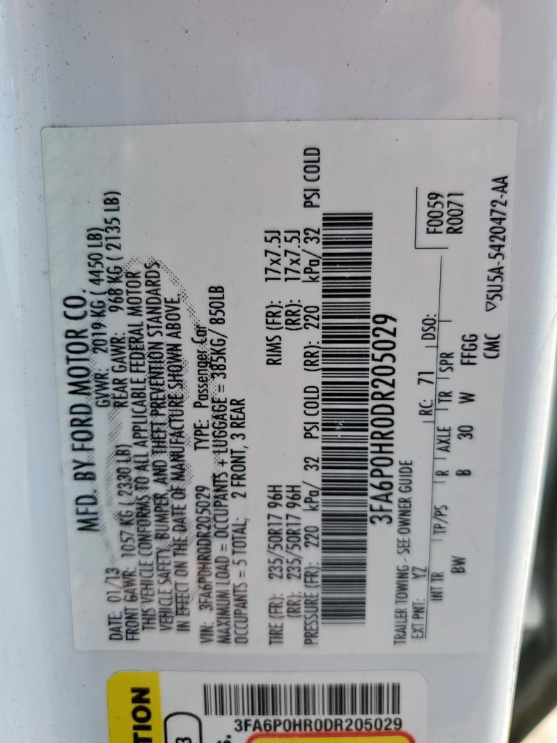 3FA6P0HR0DR205029 - 2013 FORD FUSION SE 白色 照片 12