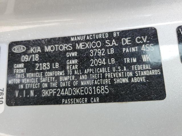 3KPF24AD3KE031685 - 2019 KIA FORTE FE SILVER photo 12