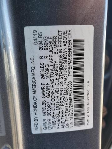 1HGCV2F54KA022000 - 2019 HONDA ACCORD EXL ნაცრისფერი ფოტო 13