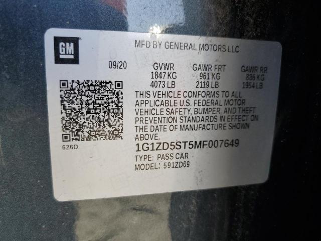 1G1ZD5ST5MF007649 - 2021 CHEVROLET MALIBU LT BLUE photo 12