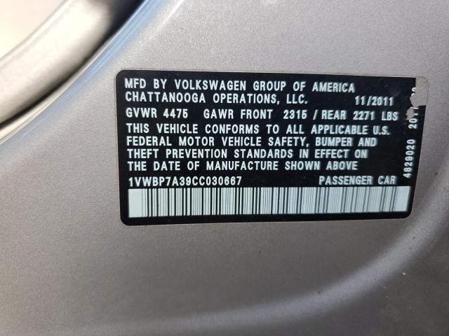 1VWBP7A39CC030667 - 2012 VOLKSWAGEN PASSAT SE SILVER photo 12