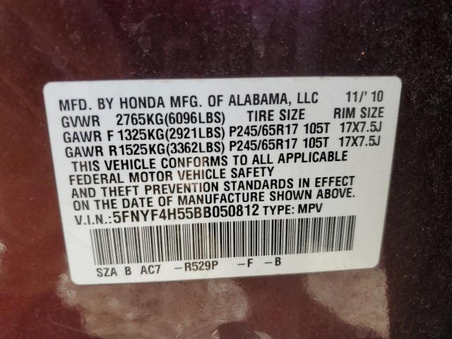 5FNYF4H55BB050812 - 2011 HONDA PILOT EXL MAROON photo 13