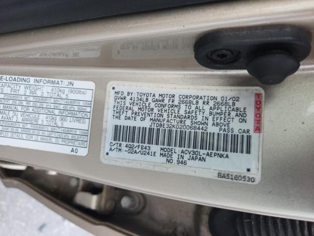 JTDBE32K020068442 - 2002 TOYOTA CAMRY LE GOLD photo 12