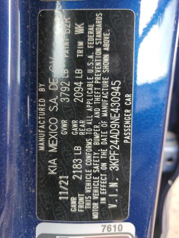 3KPF24AD9NE430945 - 2022 KIA FORTE FE BLUE photo 13