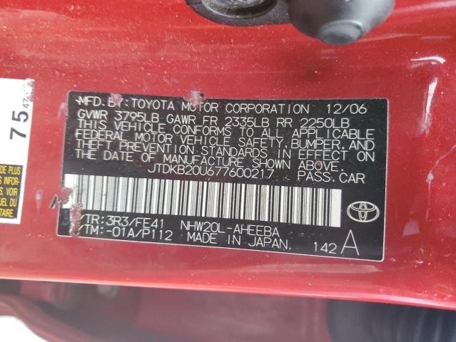 JTDKB20U677600217 - 2007 TOYOTA PRIUS Կարմիր լուսանկար 13