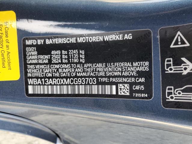 WBA13AR0XMCG93703 - 2021 BMW M440XI BLUE photo 12