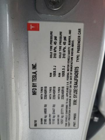 5YJ3E1EA4JF043975 - 2018 TESLA MODEL 3 ვერცხლისფერი ფოტო 12