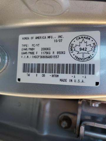 1HGCP36808A801557 - 2008 HONDA ACCORD EXL 银色 照片 12