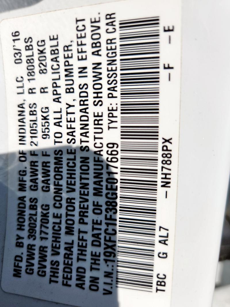 19XFC1F38GE017669 - 2016 HONDA CIVIC EX WHITE photo 13