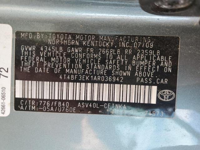 4T4BF3EK1AR036942 - 2010 TOYOTA CAMRY BASE BLUE photo 12