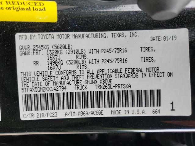 5TFAX5GN2KX142794 - 2019 TOYOTA TACOMA DOUBLE CAB 黑色 照片 12