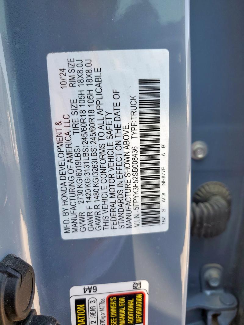 5FPYK3F52SB008436 - 2025 HONDA RIDGELINE RTL 蓝色 照片 12