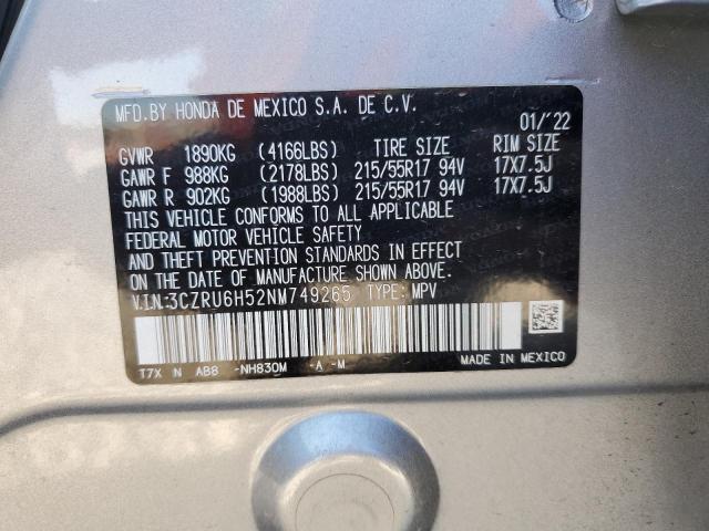 3CZRU6H52NM749265 - 2022 HONDA HR-V EX SILVER photo 12