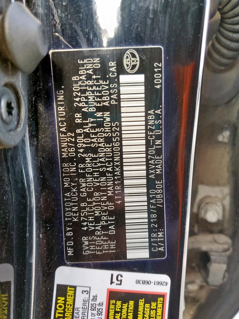 4T1R11AKXNU065525 - 2022 TOYOTA CAMRY LE BLACK photo 12