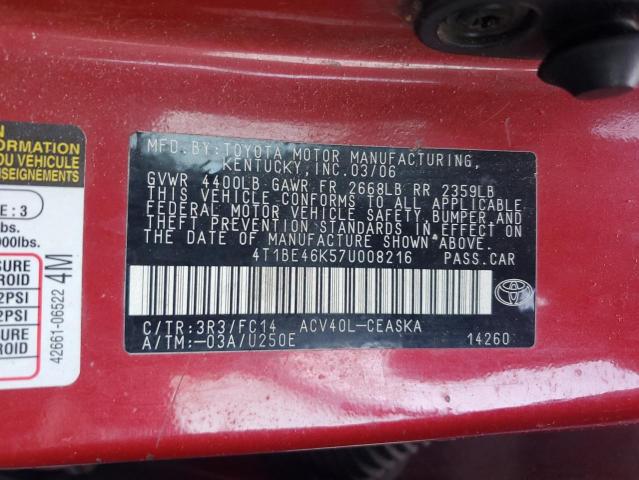 4T1BE46K57U008216 - 2007 TOYOTA CAMRY CE 红色 照片 12
