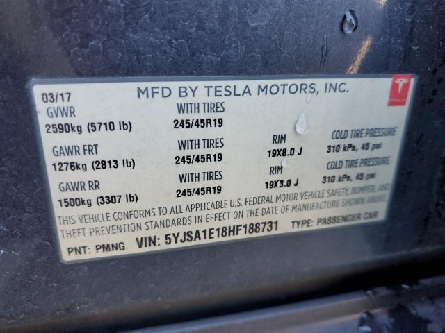 5YJSA1E18HF188731 - 2017 TESLA MODEL S GRAY photo 13
