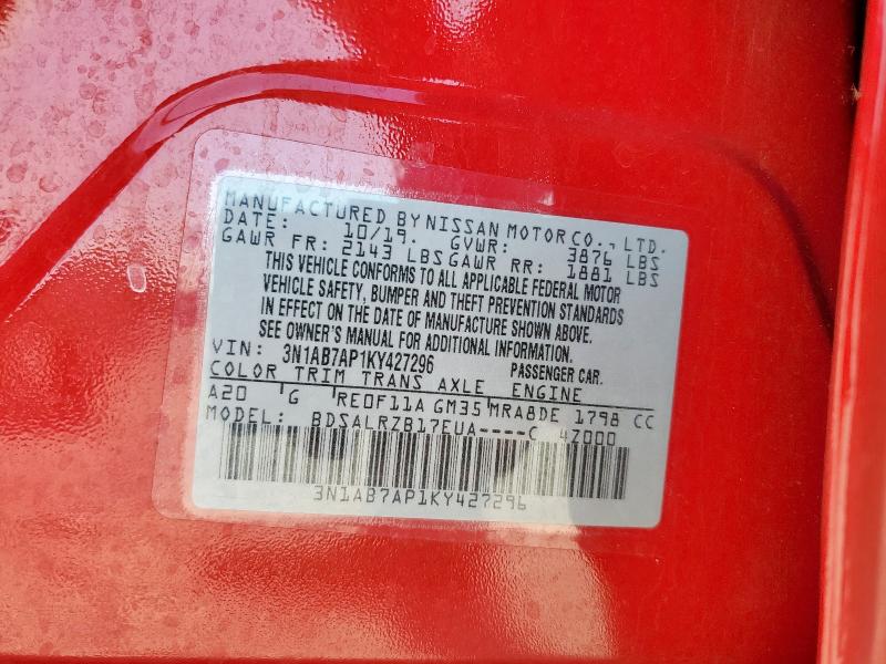 3N1AB7AP1KY427296 - 2019 NISSAN SENTRA S RED photo 12