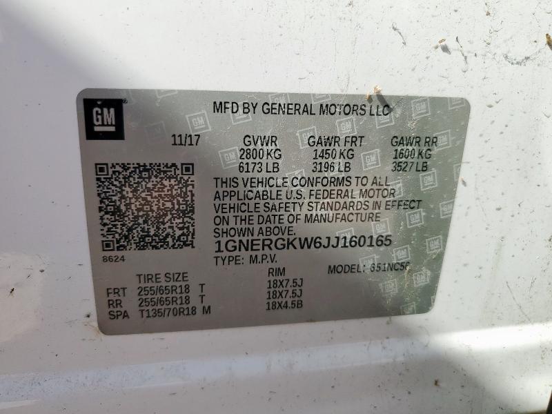 1GNERGKW6JJ160165 - 2018 CHEVROLET TRAVERSE LT თეთრი ფოტო 13