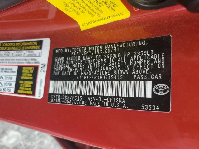 4T1BF3EK1BU745415 - 2011 TOYOTA CAMRY BASE წითელი ფოტო 13