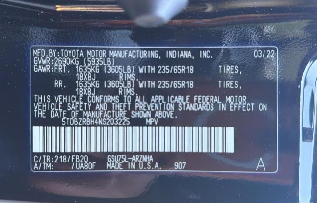 5TDBZRBH4NS203225 - 2022 TOYOTA HIGHLANDER L BLACK photo 10